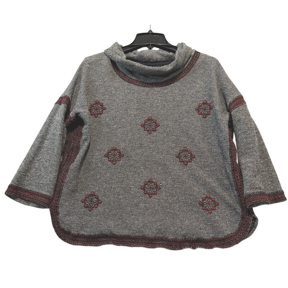 Lucky Lotus Gray Embroidered Tassel Trim Tunic Sweater Top Women's Size L